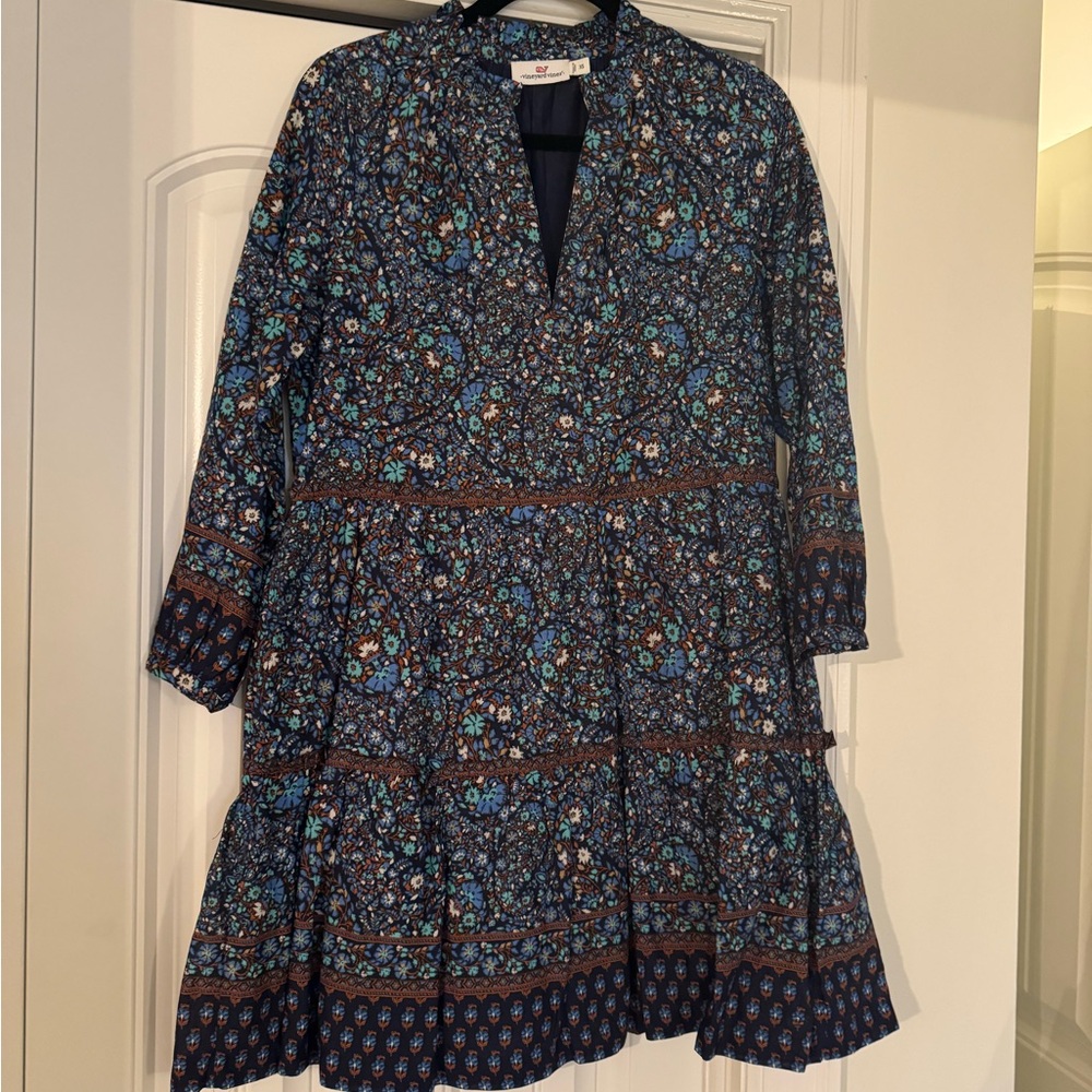 Vineyard Vines Blue and Brown Floral Long Sleeve Dress